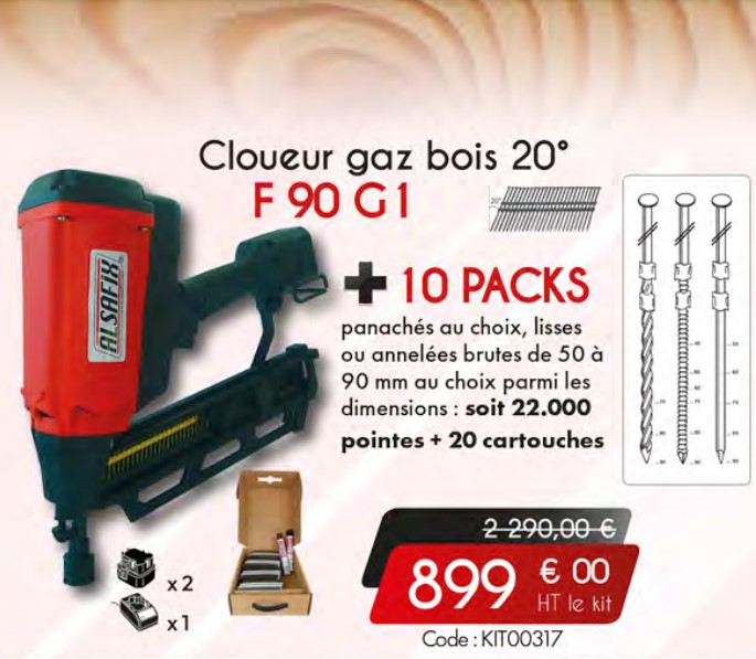 Cloueur GAZ bois 20° F90G1 + GAZ + 10 packs de clous dans cartons