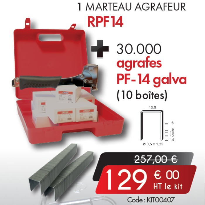 Kit marteau agrafeur RPF14 + 30 000 agrafes PF-14 galva