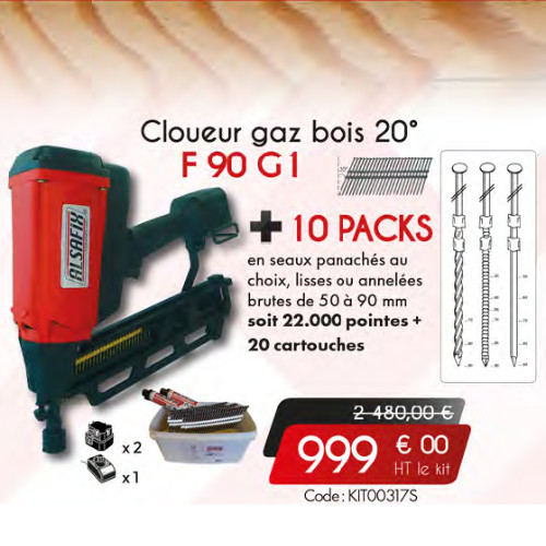 Cloueur GAZ bois 20° F90G1 + GAZ + 10 packs de clous en seaux