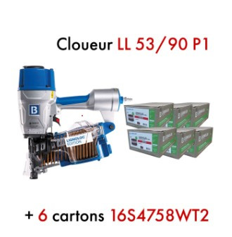 Kit cloueur lignoloc LL 53-90 P1 + 6 cartons de clous 58 mm annelés avec tête