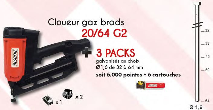 Cloueur GAZ bois 20/64 G2 + 3 packs + 6 cartouches