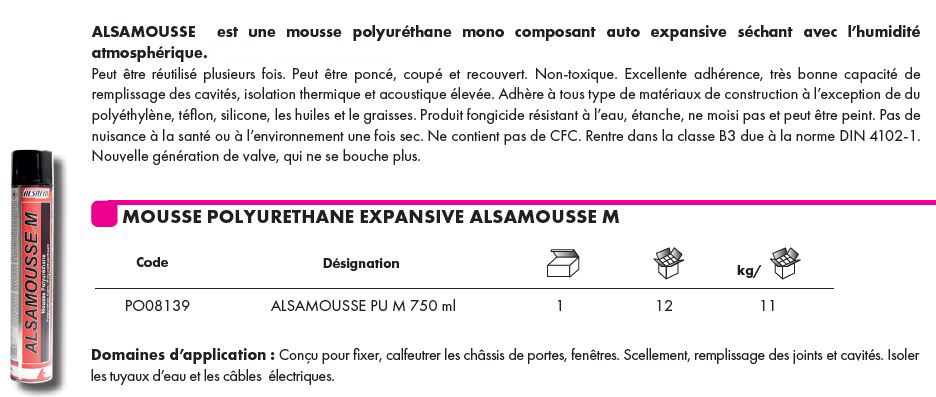 Mousse PU expansive ALSAMOUSSE manuelle - Fixation Professionnelle