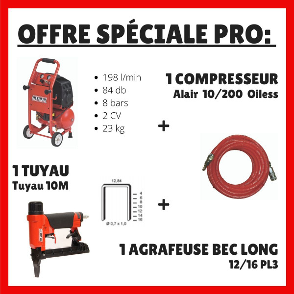 Offre spéciale PRO - Compresseur + tuyau + agrafeuse Tapissier bec long 