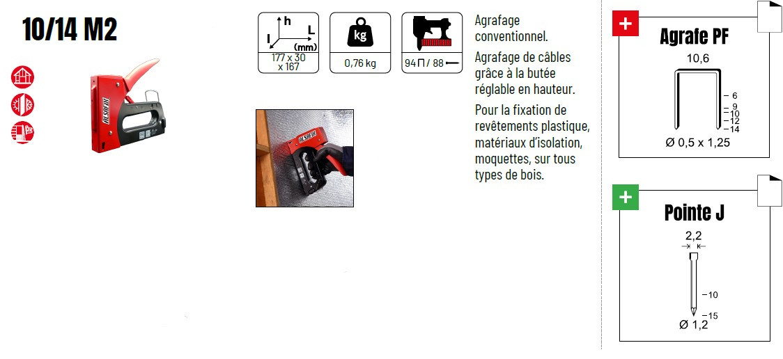 Agrafeuse manuelle 10/14 M2 pour agrafes PF de 6 à 14 mm et pointes J de 10 et 15 mm - Fiche technique Agrafeuse manuelle 10/14 M2 pour agrafes PF de 6 à 14 mm et pointes J de 10 et 15 mm - Fiche technique