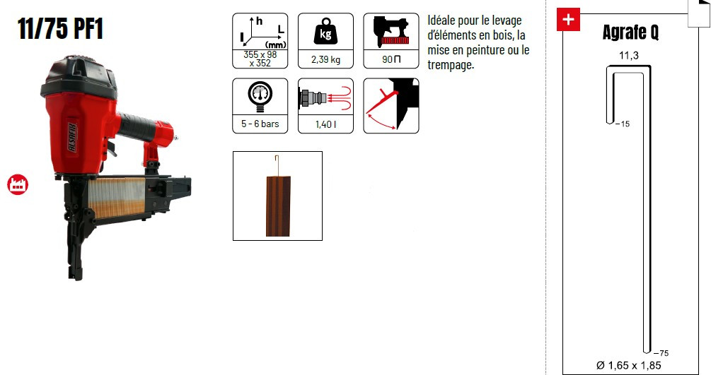 Agrafeuse crochet pour peinture pneumatique ALSAFIX 11/75 PF1 pour agrafes Q de 15mm - Fiche technique Agrafeuse crochet pour peinture pneumatique ALSAFIX 11/75 PF1 pour agrafes Q de 15mm - Fiche technique