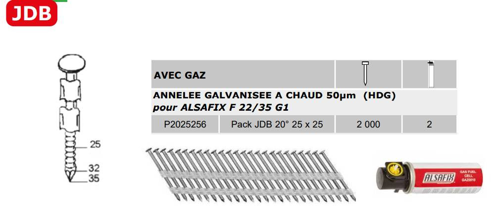 Pointes ANNELEES GALVANISEES A CHAUD 50µm (HDG) + GAZ pour ALSAFIX F 22/35 G2